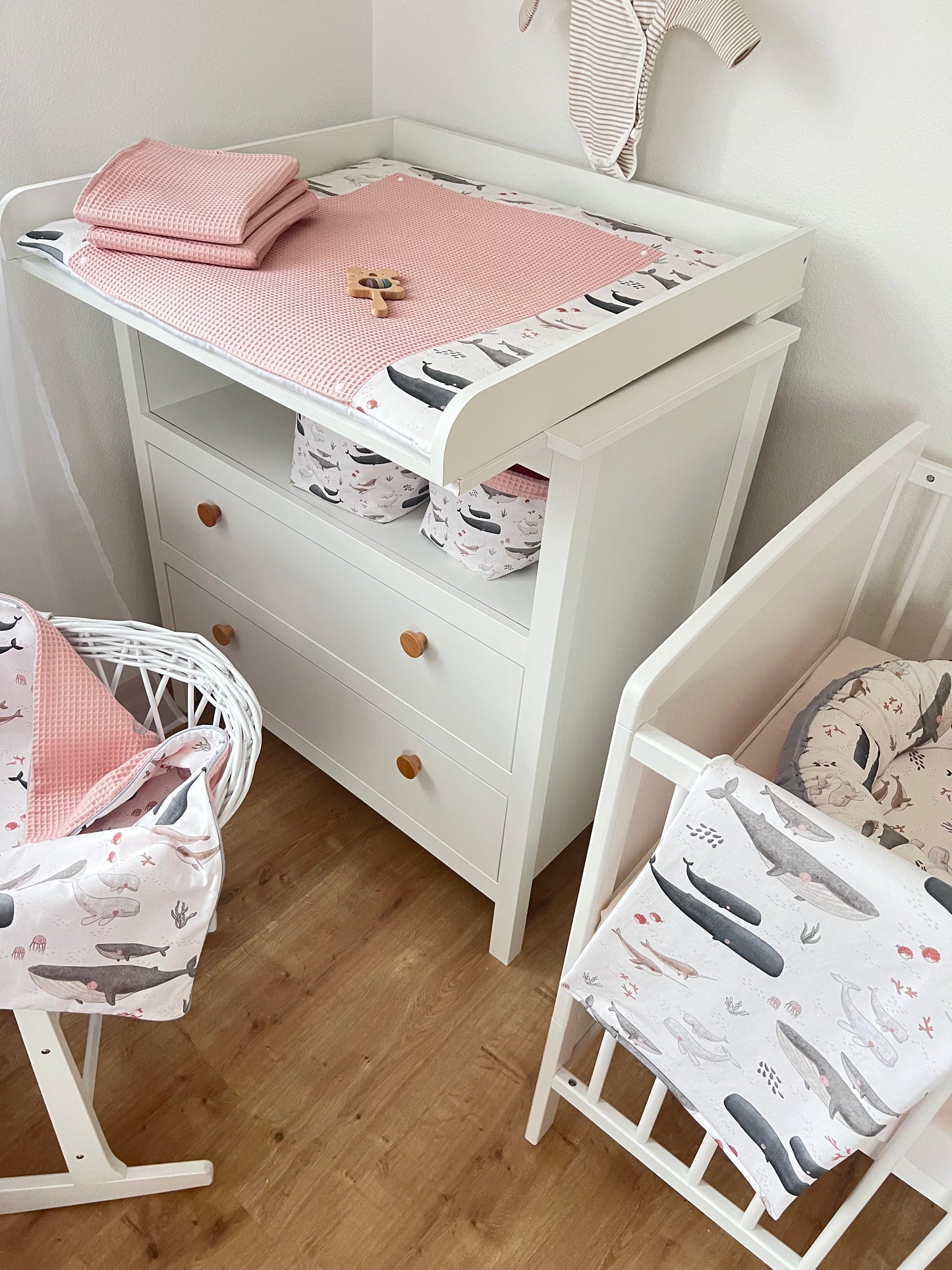 Wickelauflage Set „Wal, Ozean+Waffelpique rosa/nude“