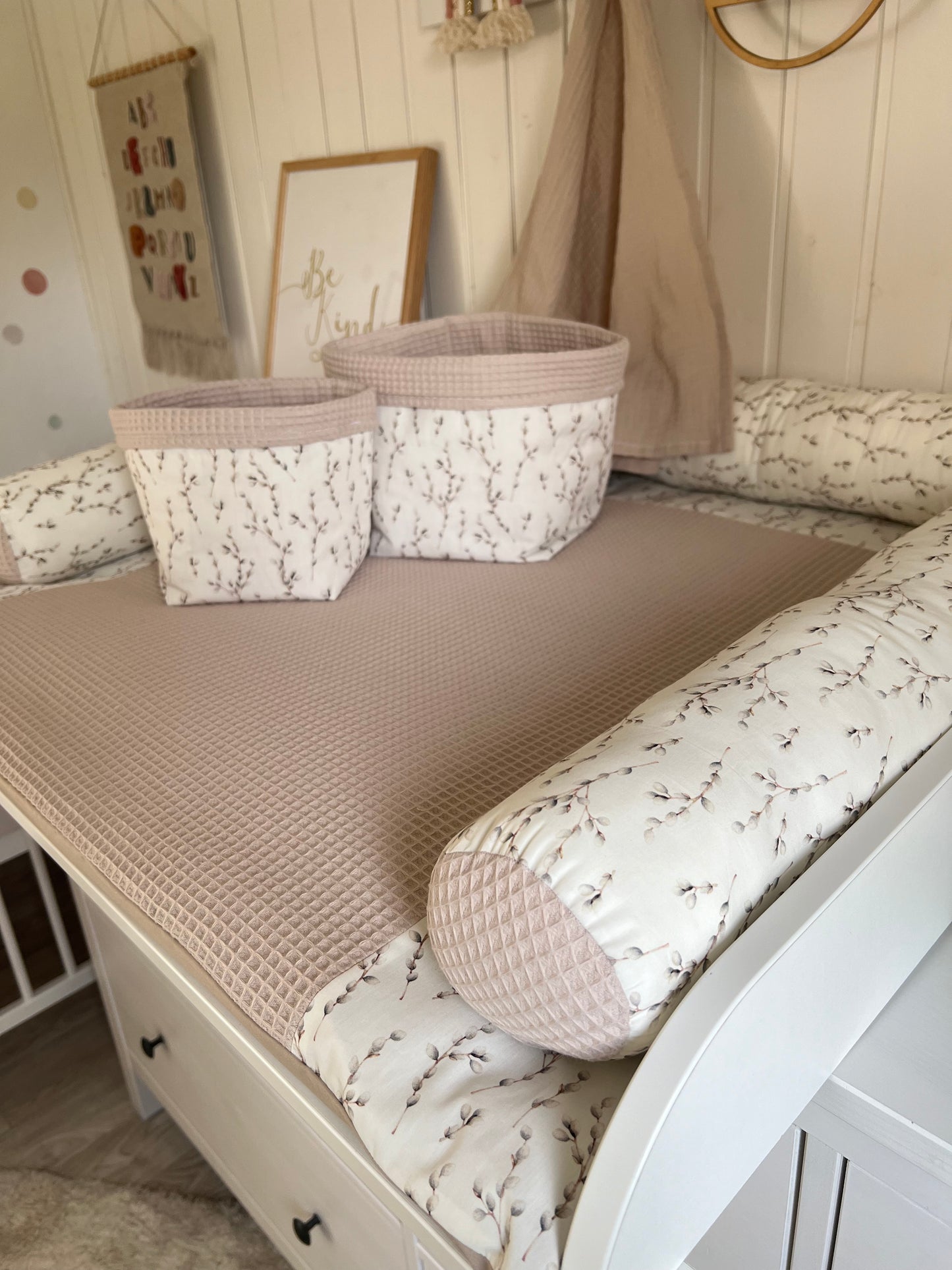 Wickelauflage Set "Weidenkätzchen+Waffelpique hellbeige“