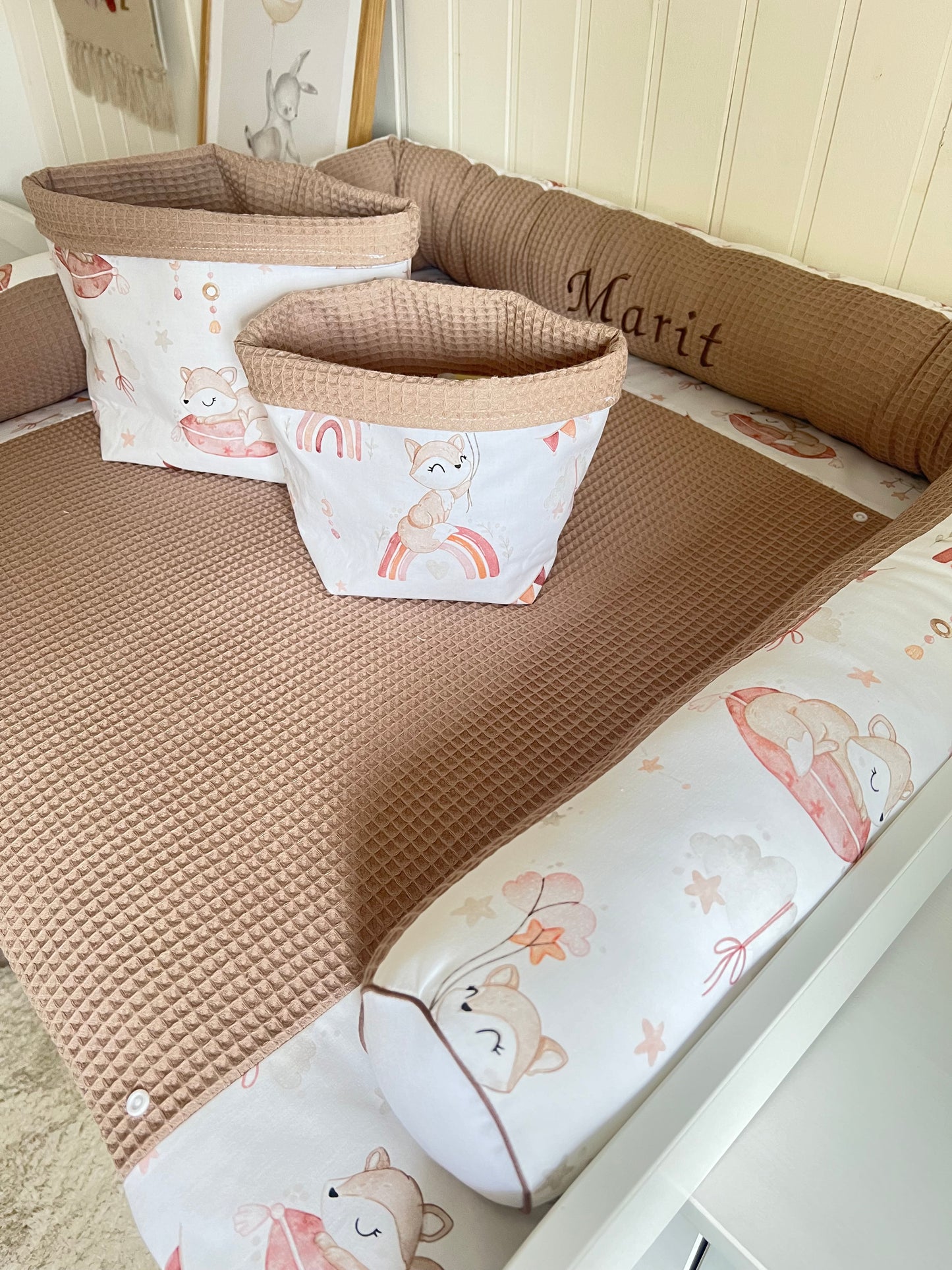 Wickelauflage Set „Füchse auf Regenbogen+Waffelpique hellbraun“