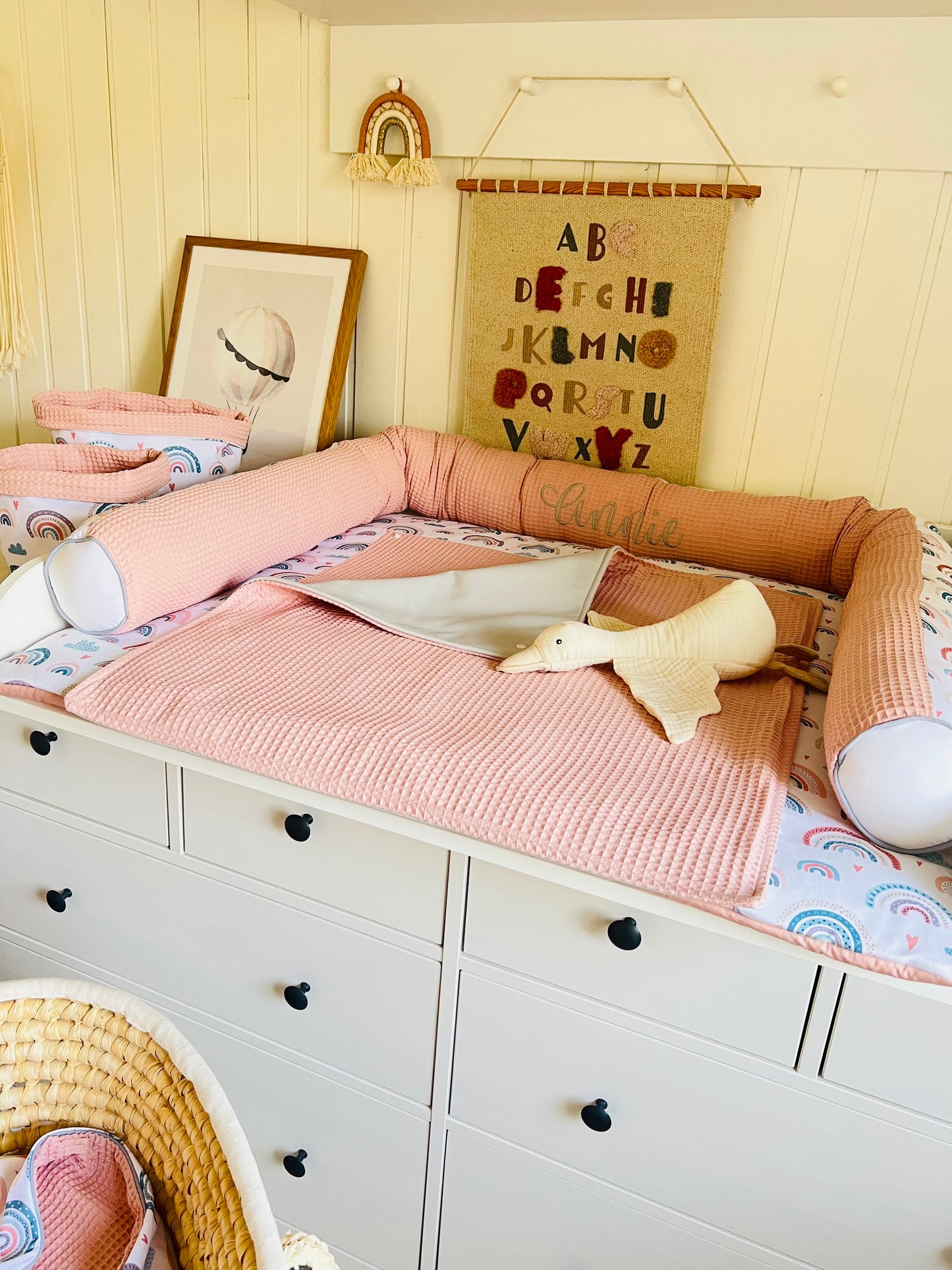 Wickelauflage Set "Regenbogen rosa+Waffelpique rosa/nude“