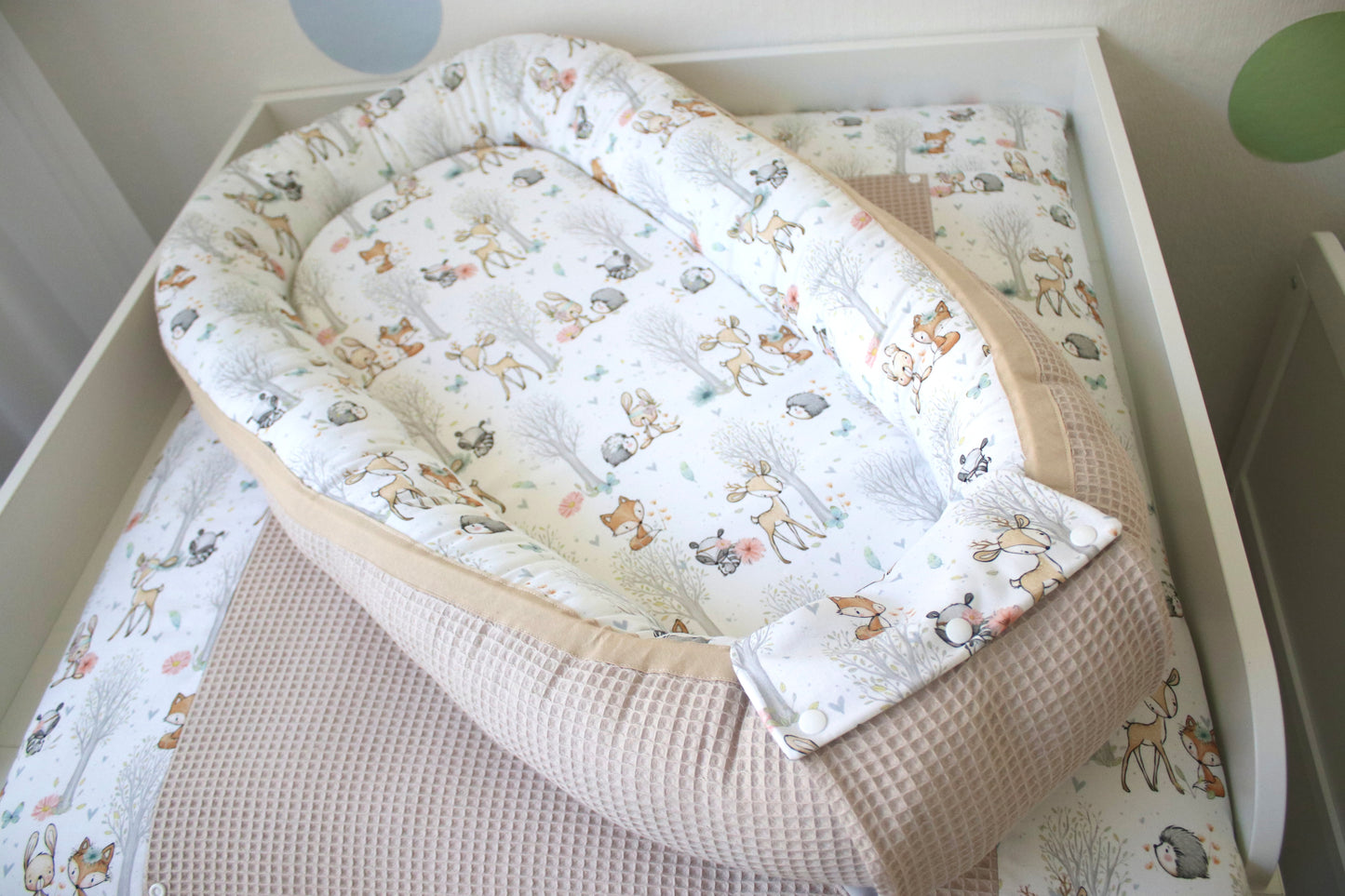 Wickelauflage Set "Baby Waldtiere+Waffelpique hellbeige“