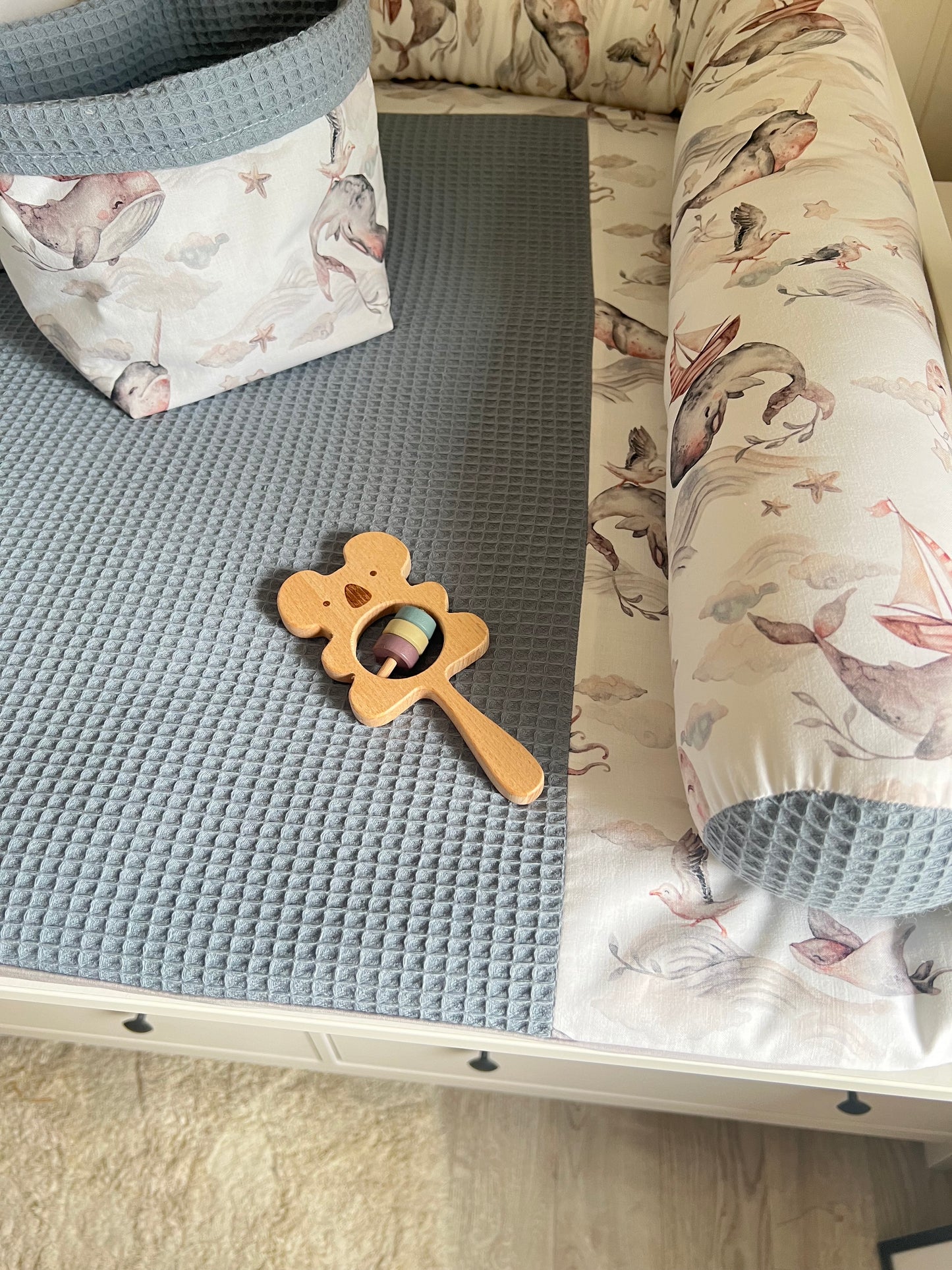 Wickelauflage Set "Lustiger Wal+Waffelpique light jeans“