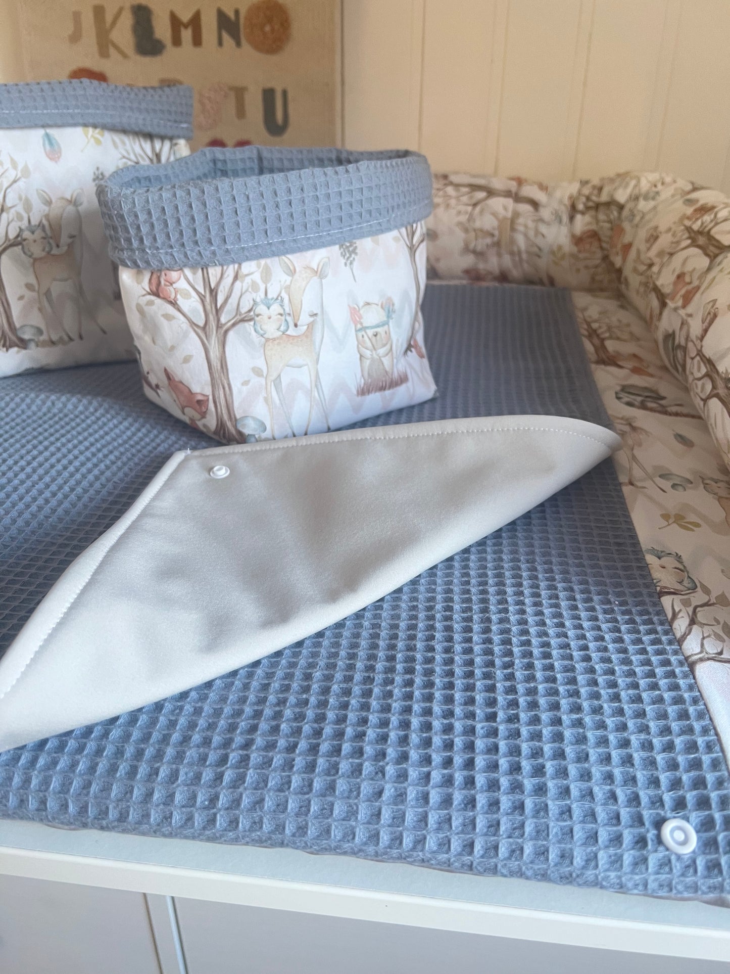 Wickelauflage Set "Waldtiere+Waffelpique light jeans“