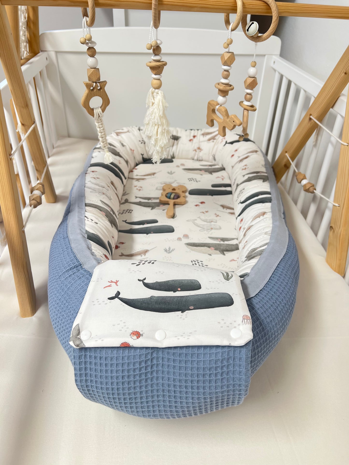 Wickelauflage Set „Wal, Ozean+Waffelpique altgrün“