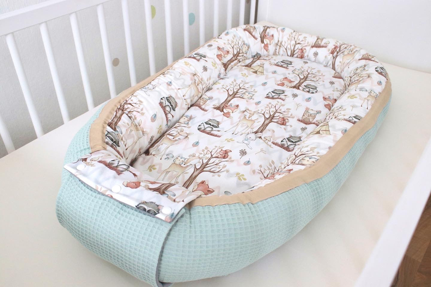 Wickelauflage Set "Waldtiere+Waffelpique hellgrün/mint“