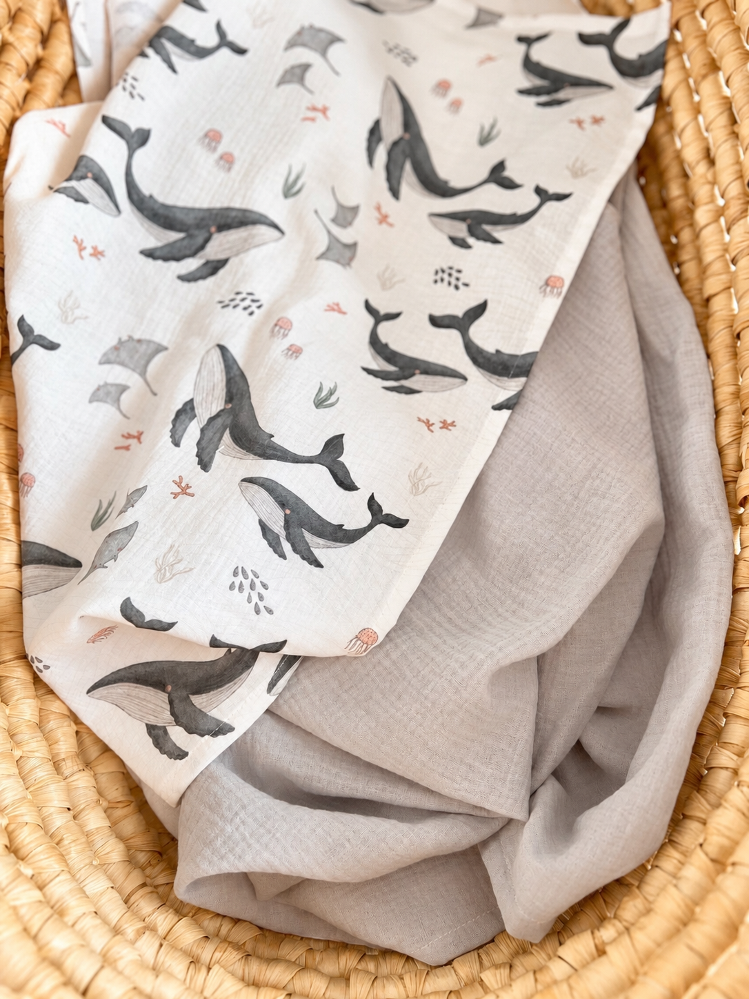 Personalisiertes Musselin Set | 2 Musselintücher Baby | Spucktuch mit Namen | Bio Musselin Öko-Tex | Geschenk zur Geburt | Meerestiere Ozean Wal