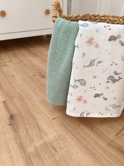 Personalisiertes Musselin Set | 2 Musselintücher Baby | Spucktuch mit Namen | Bio Musselin Öko-Tex | Geschenk zur Geburt | Meerestiere Ozean