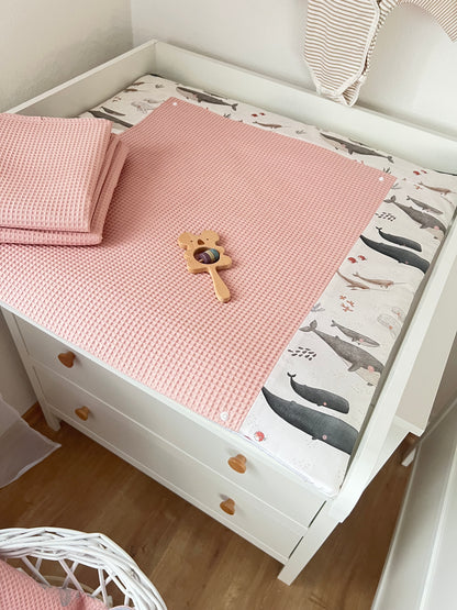 Wickelauflage Set „Wal, Ozean+Waffelpique rosa/nude“
