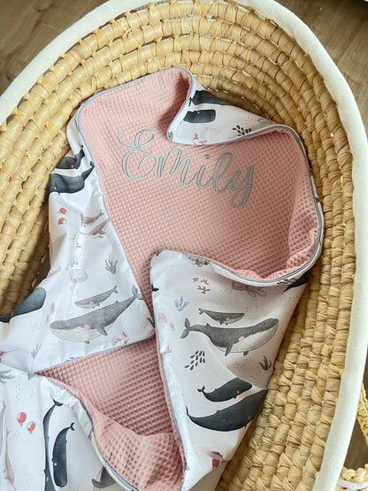 Babydecke "Wal+Waffelpique rosa/nude" (einen Namen sticken ist gratis!)