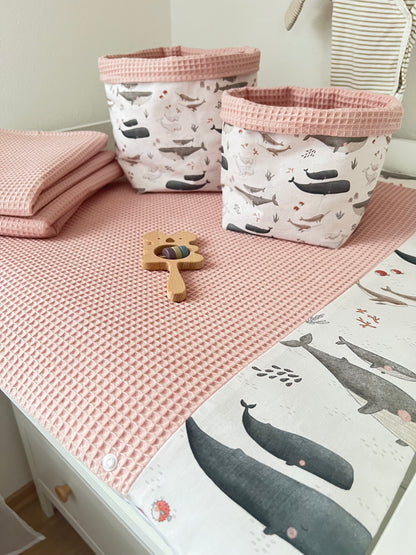 Wickelauflage Set „Wal, Ozean+Waffelpique rosa/nude“