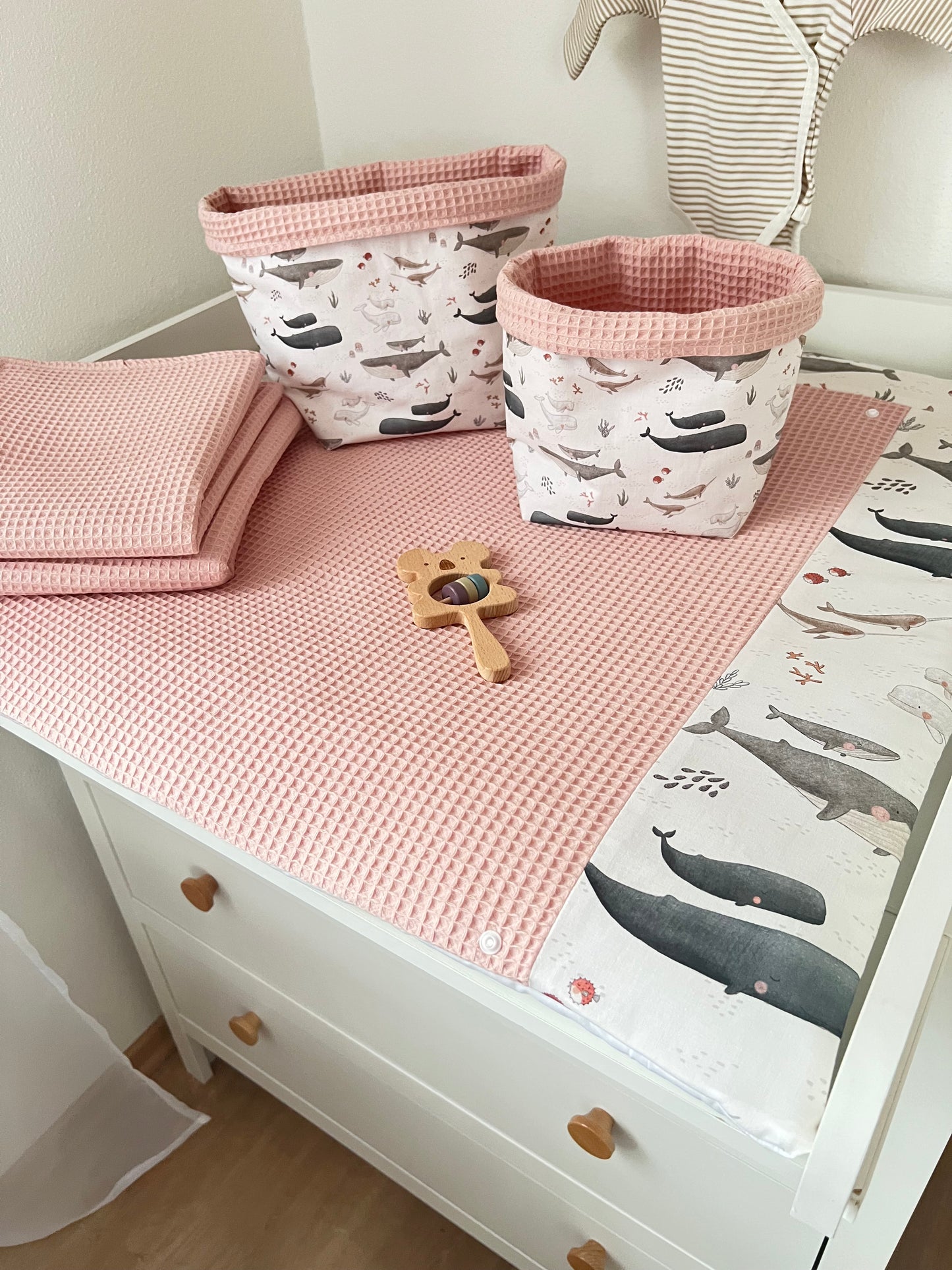 Wickelauflage Set „Wal, Ozean+Waffelpique rosa/nude“