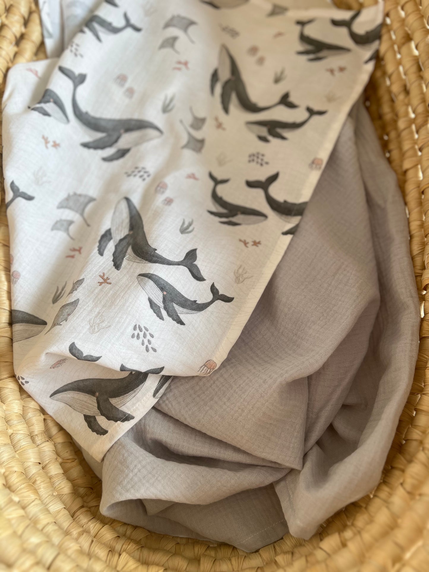 Personalisiertes Musselin Set | 2 Musselintücher Baby | Spucktuch mit Namen | Bio Musselin Öko-Tex | Geschenk zur Geburt | Meerestiere Ozean Wal