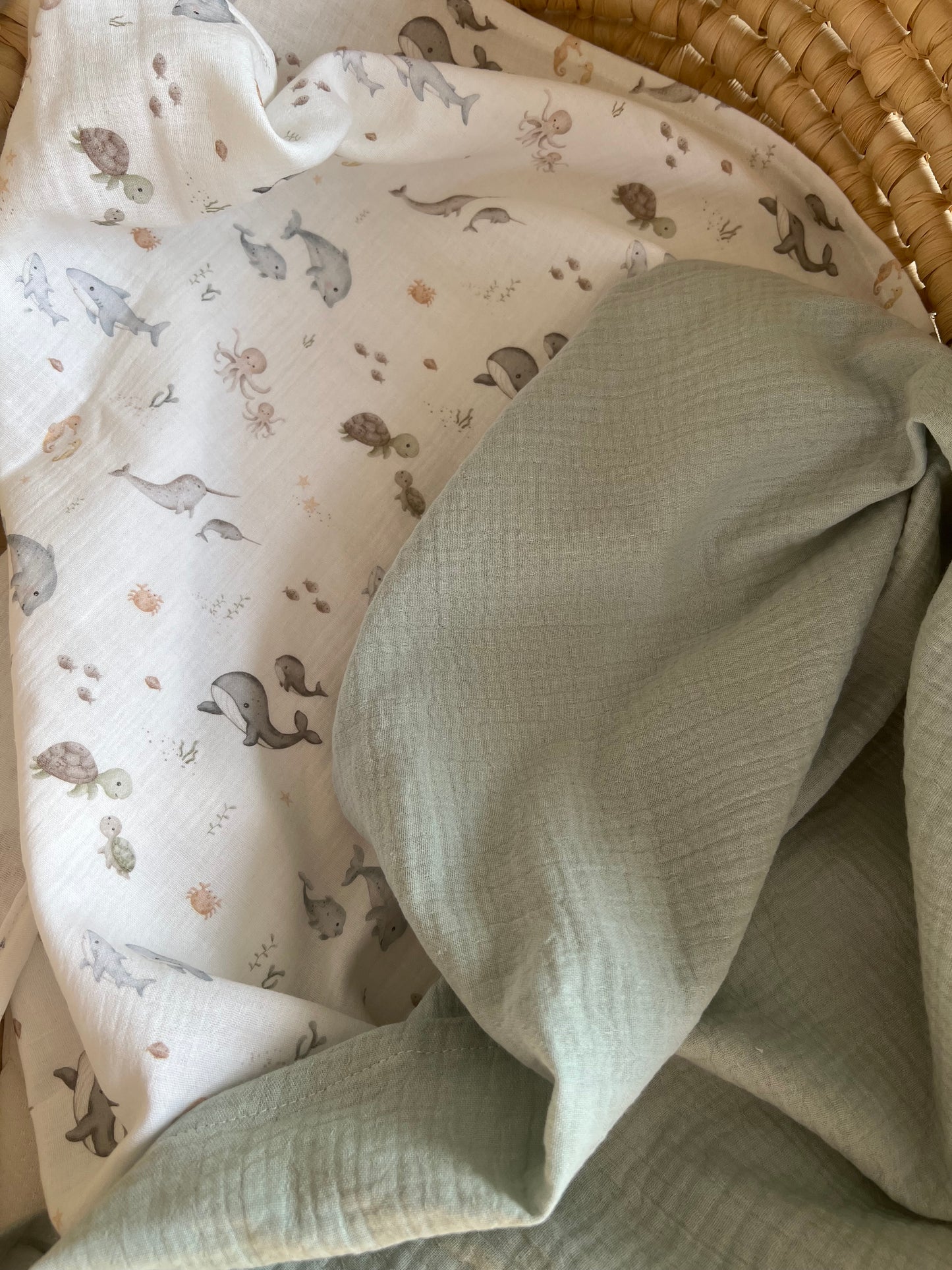Personalisiertes Musselin Set | 2 Musselintücher Baby | Spucktuch mit Namen | Bio Musselin Öko-Tex | Geschenk zur Geburt | Meerestiere Ozean