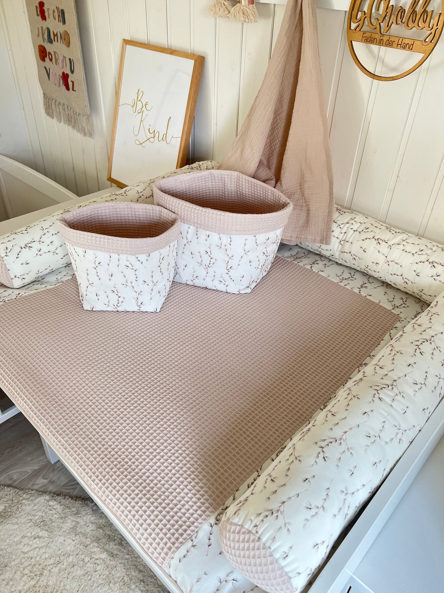 Wickelauflage Set "Weidenkätzchen+Waffelpique hellbeige“
