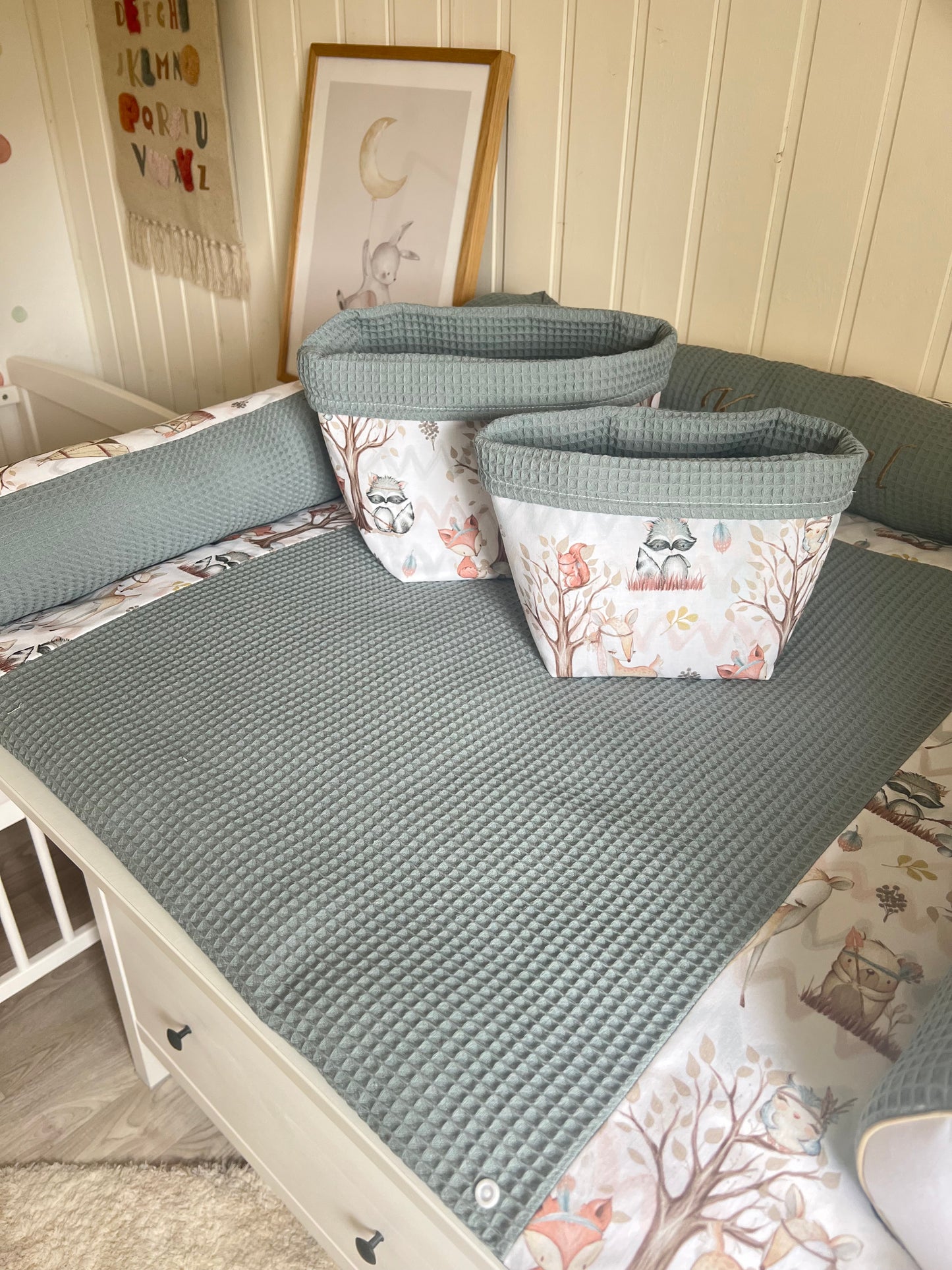 Wickelauflage Set "Waldtiere+Waffelpique altgrün“