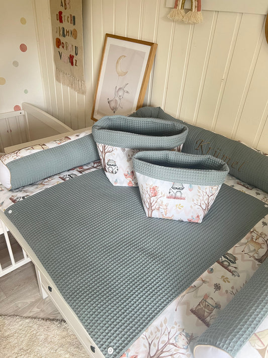 Wickelauflage Set "Waldtiere+Waffelpique altgrün“