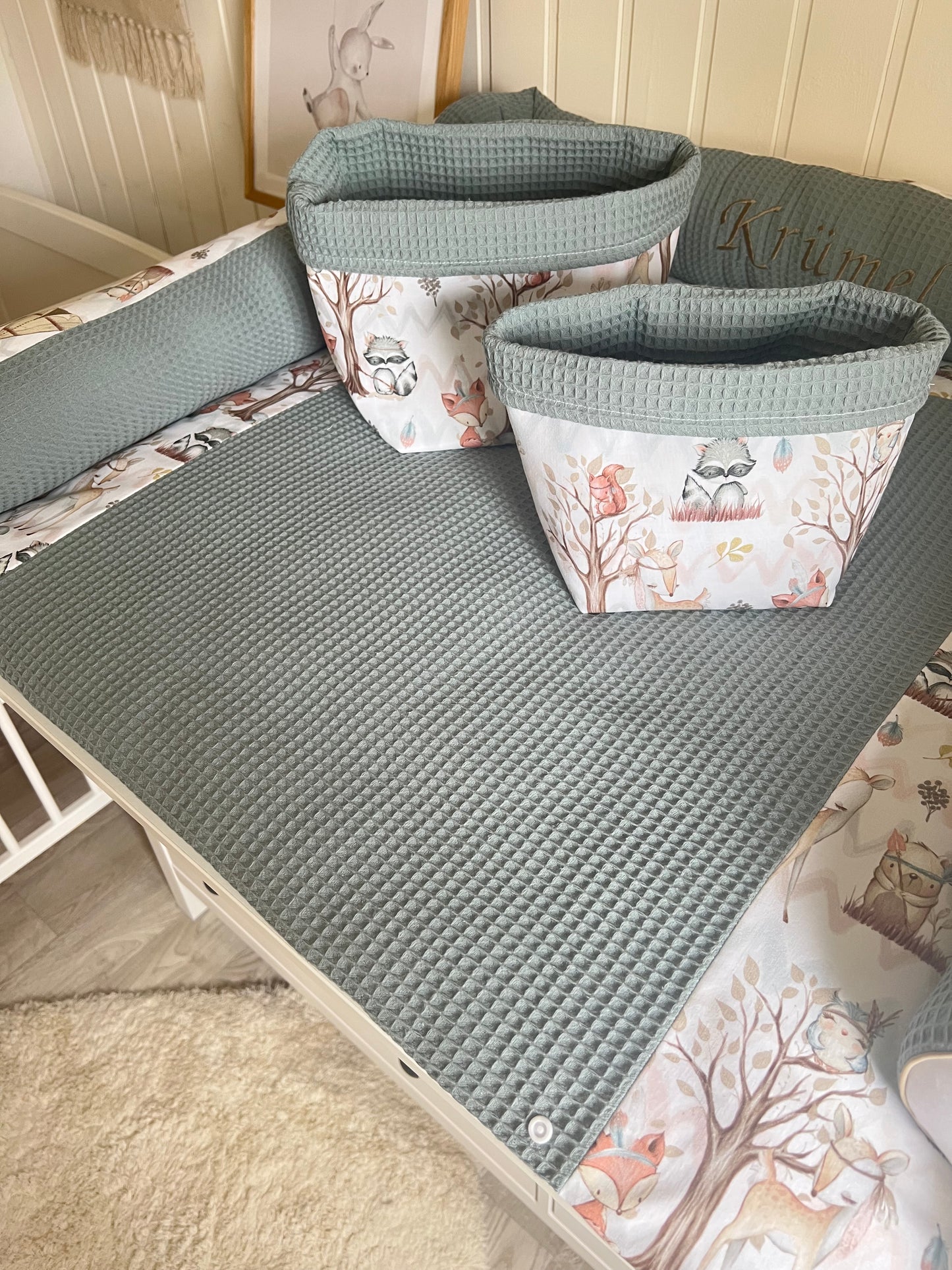 Wickelauflage Set "Waldtiere+Waffelpique altgrün“