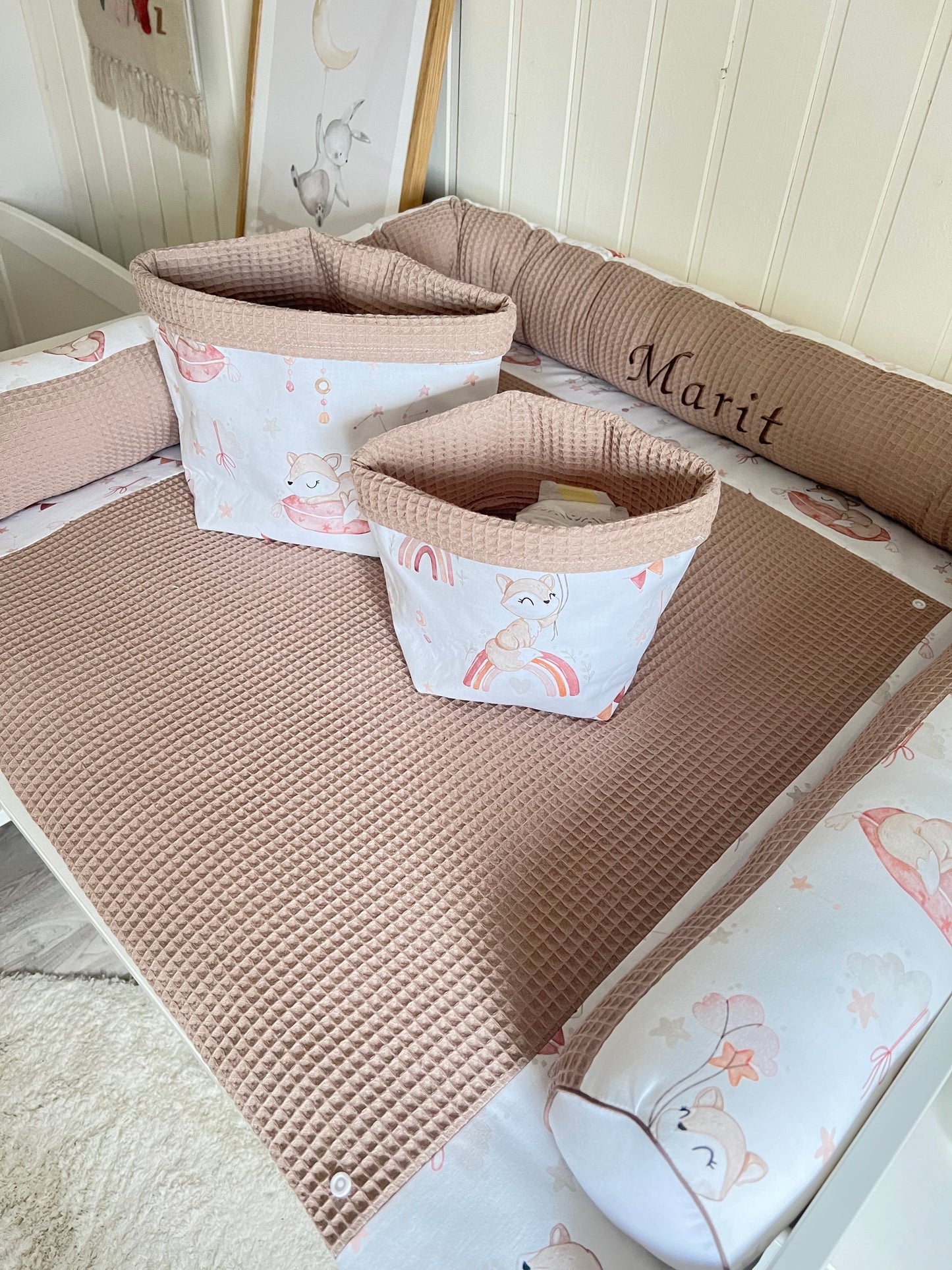 Wickelauflage Set „Füchse auf Regenbogen+Waffelpique hellbraun“