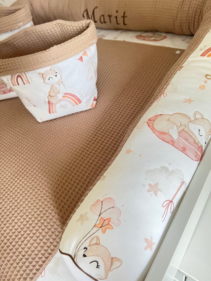 Wickelauflage Set „Füchse auf Regenbogen+Waffelpique hellbraun“