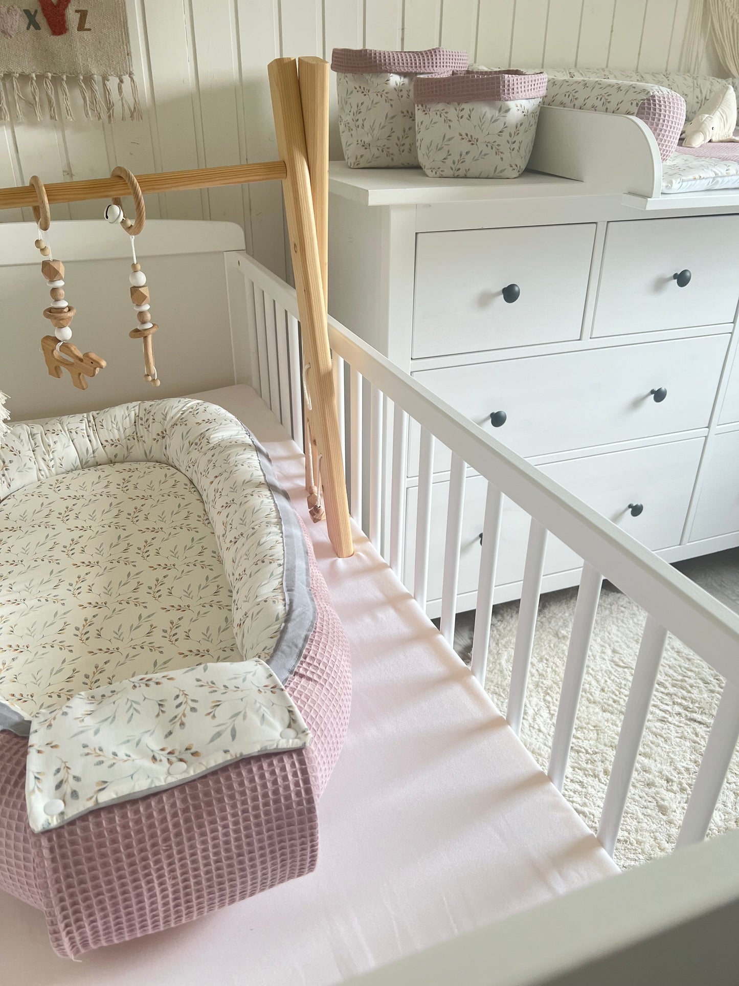 Wickelauflage Set "Pflanzen, Weidenkätzchen+Waffelpique altrosa“