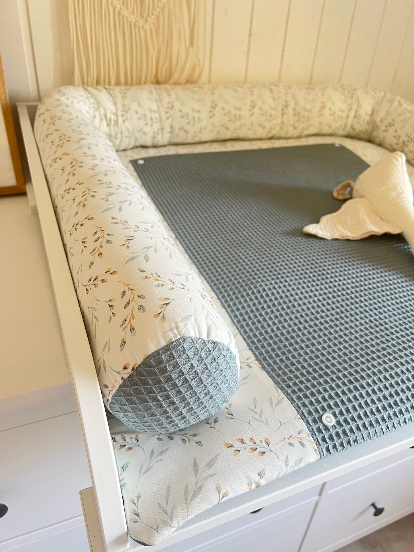 Wickelauflage Set "Pflanzen, Weidenkätzchen+Waffelpique altgrün“