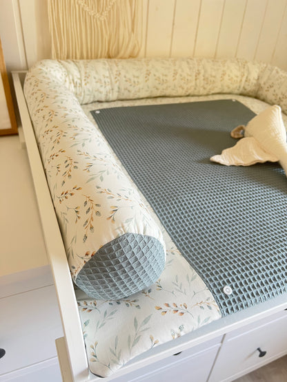 Wickelauflage Set "Pflanzen, Weidenkätzchen+Waffelpique altgrün“