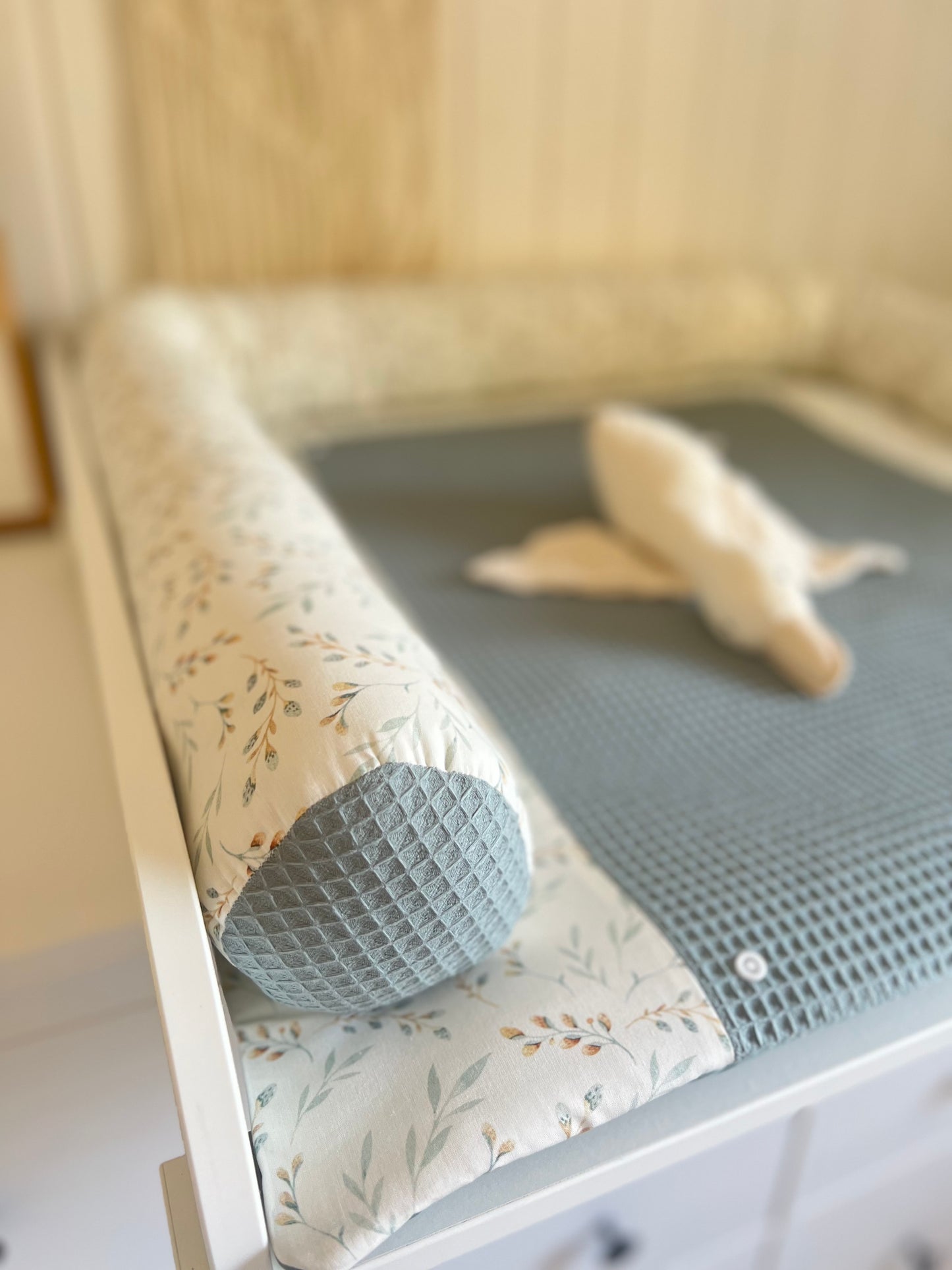 Wickelauflage Set "Pflanzen, Weidenkätzchen+Waffelpique altgrün“