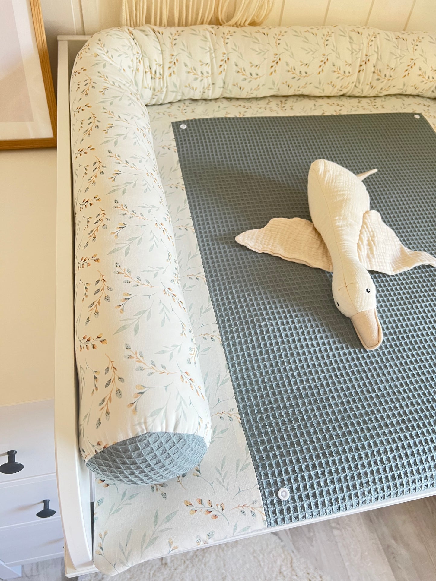 Wickelauflage Set "Pflanzen, Weidenkätzchen+Waffelpique altgrün“