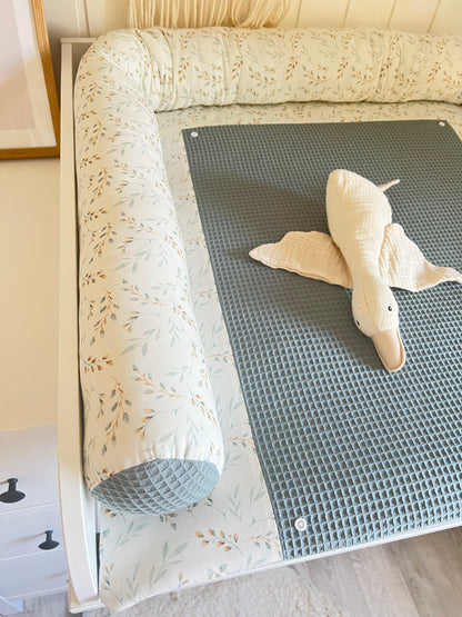 Wickelauflage Set "Pflanzen, Weidenkätzchen+Waffelpique altgrün“