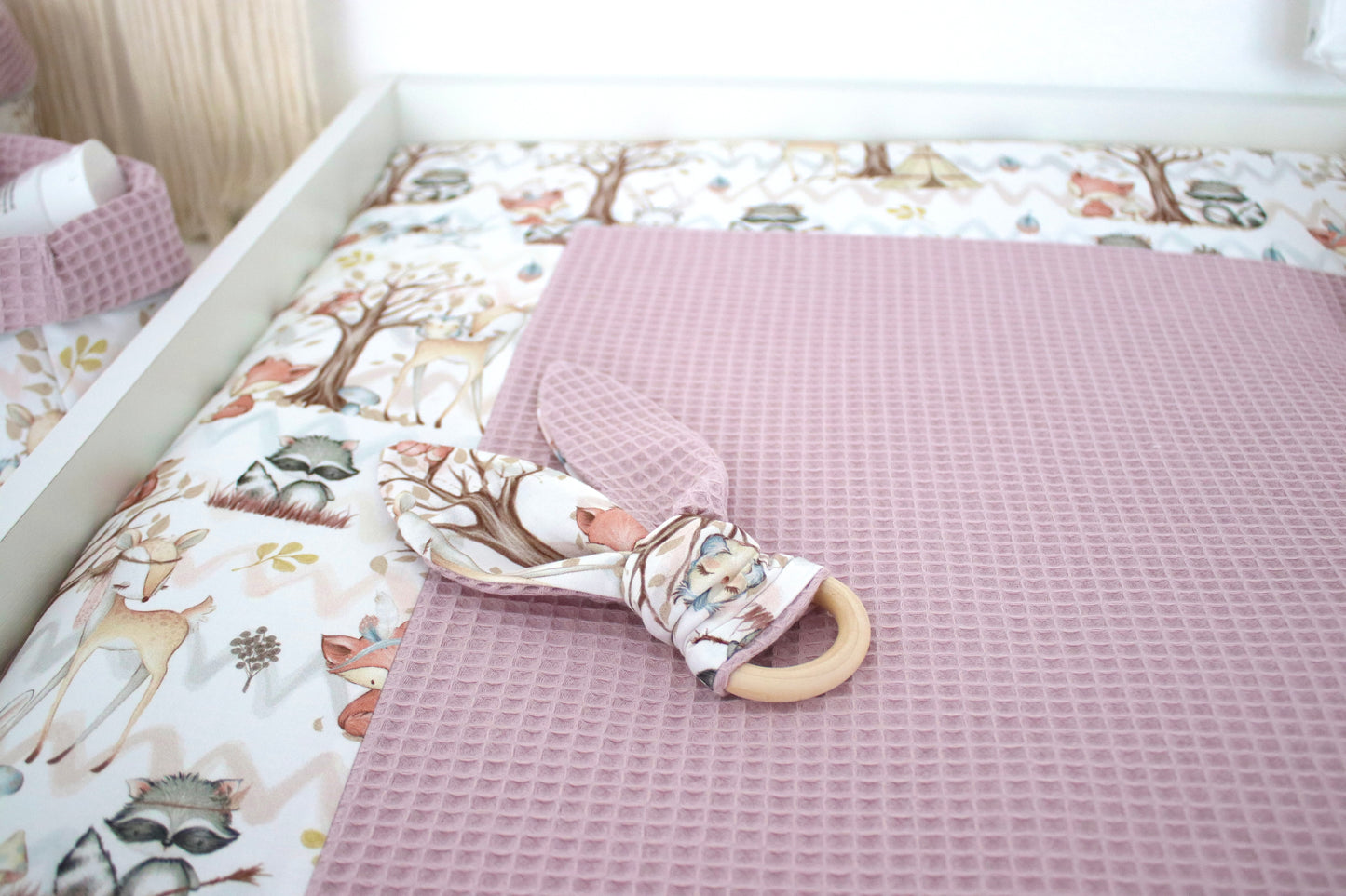 Wickelauflage Set „Waldtierel+Waffelpique altrosa“