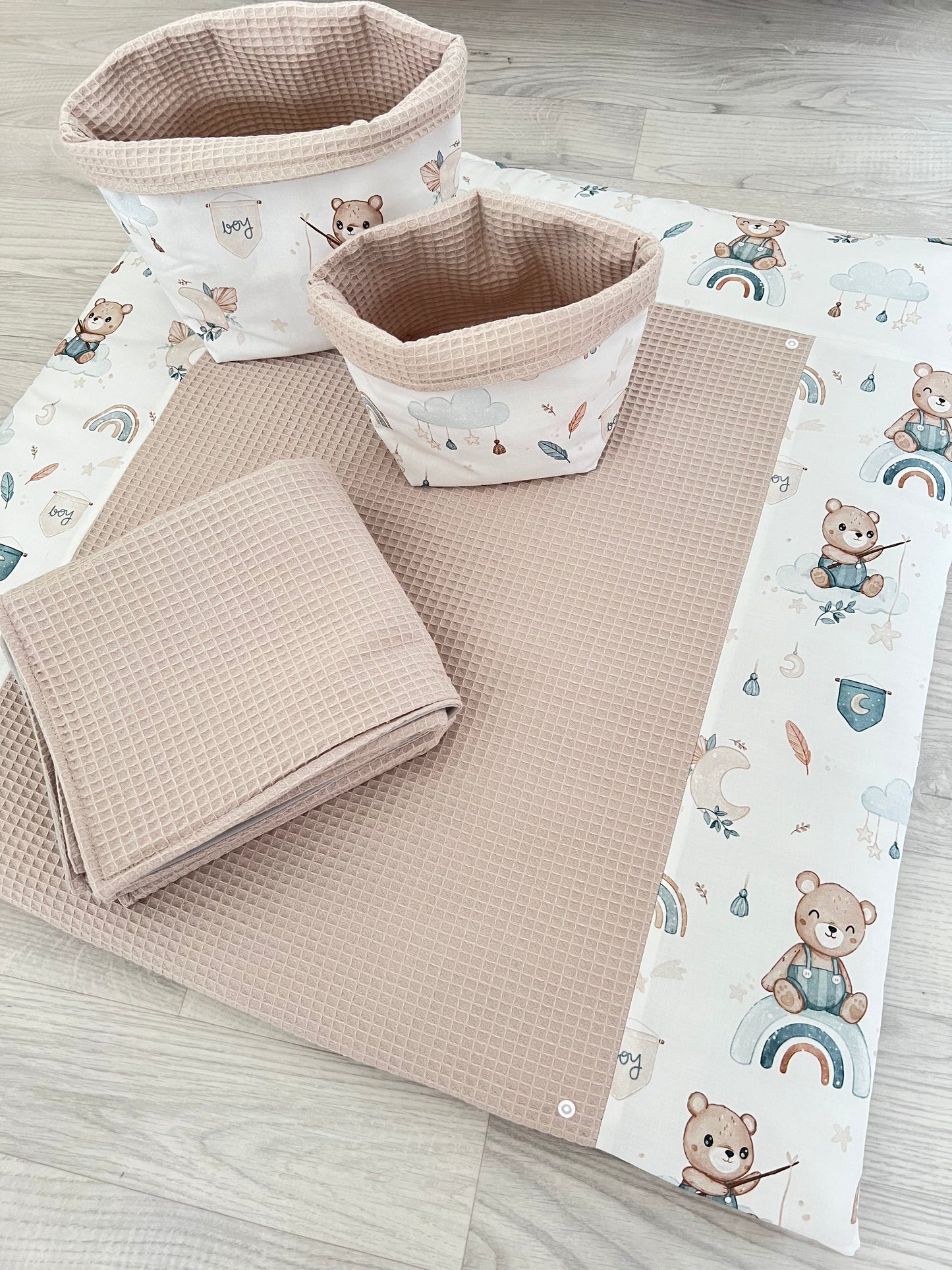 Wickelauflage Set "Bär+Waffelpique hellbeige“