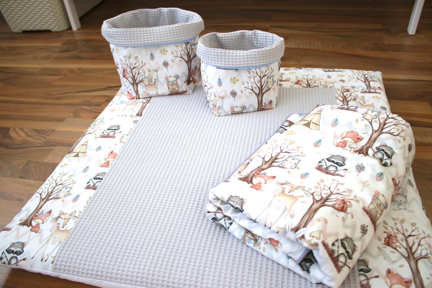 Wickelauflage Set „Waldtiere+Waffelpique hellgrau“