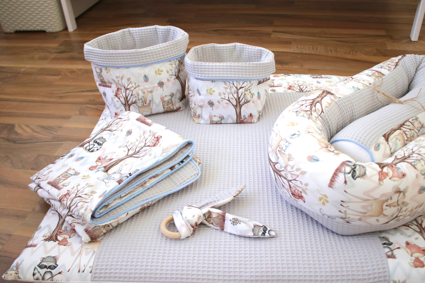 Wickelauflage Set „Waldtiere+Waffelpique hellgrau“