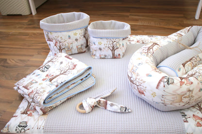 Wickelauflage Set „Waldtiere+Waffelpique hellgrau“