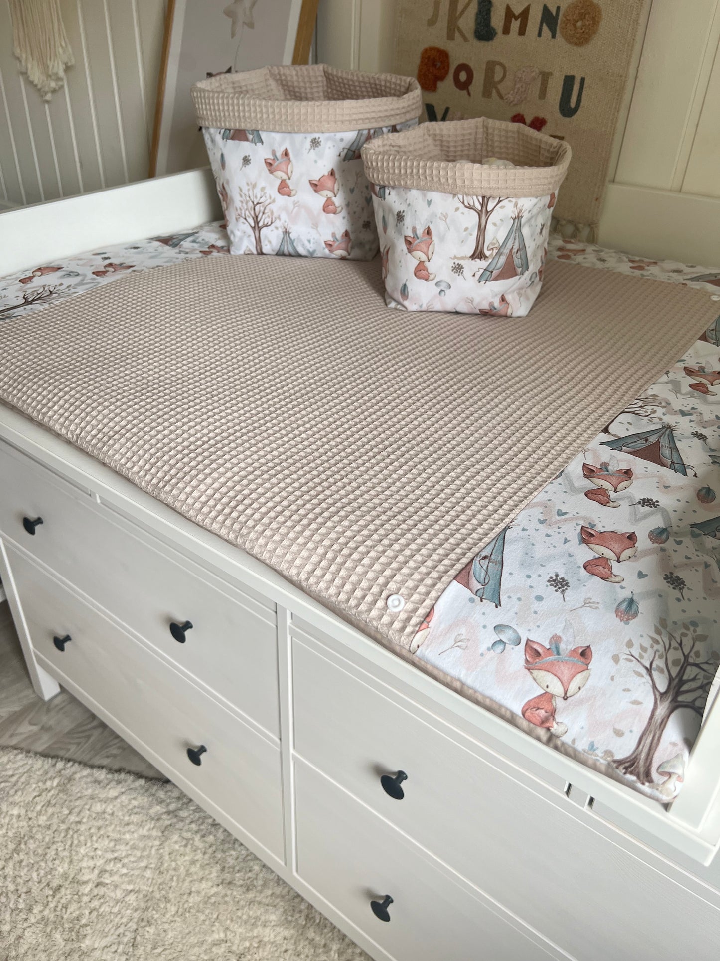 Wickelauflage Set „Füchse+Waffelpique hellbeige“