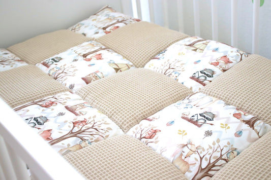 Krabbeldecke Patchwork „Waldtiere+Waffelpique hellbeige“