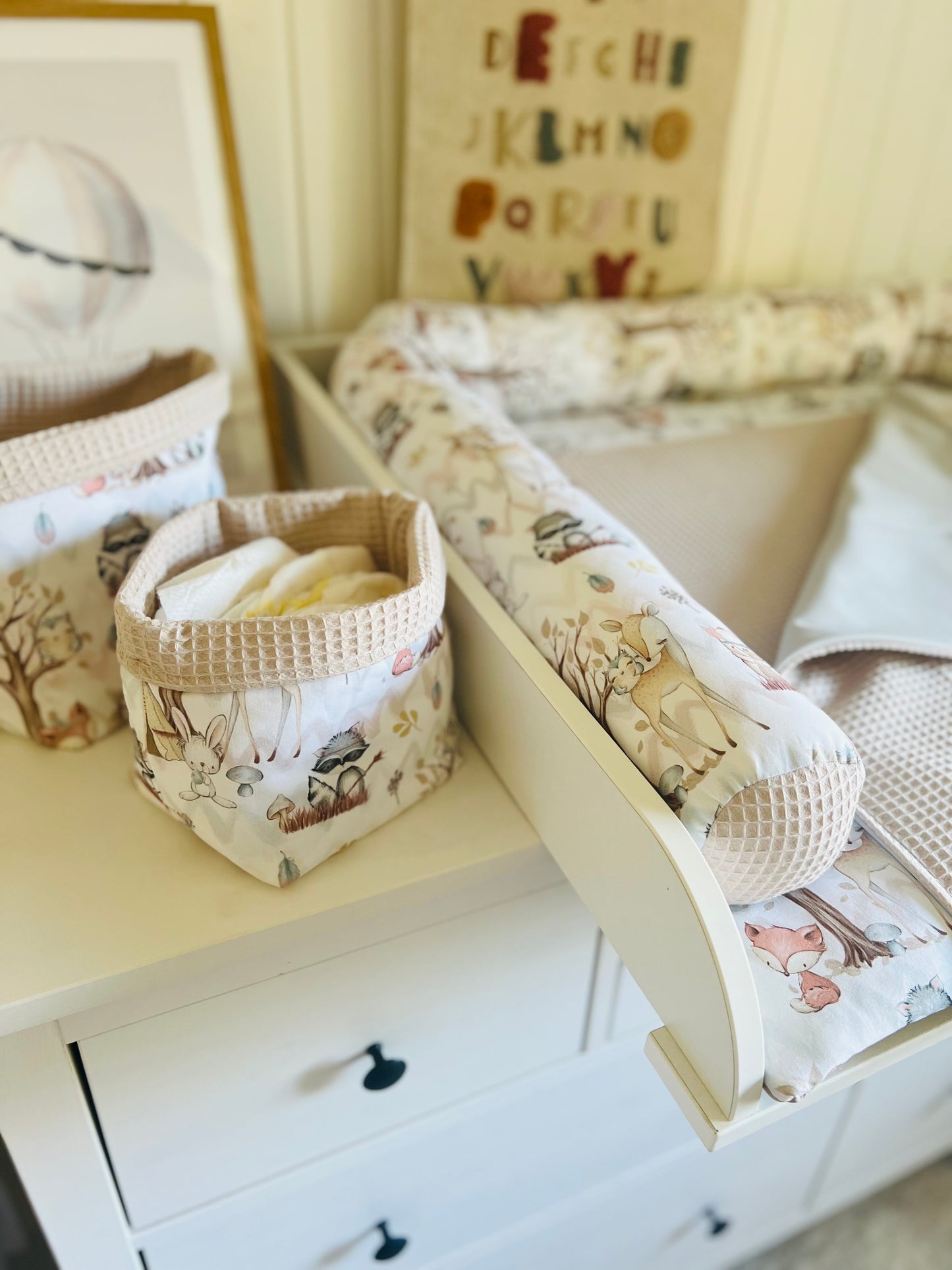 Wickelauflage Set "Waldtiere+Waffelpique hellbeige“