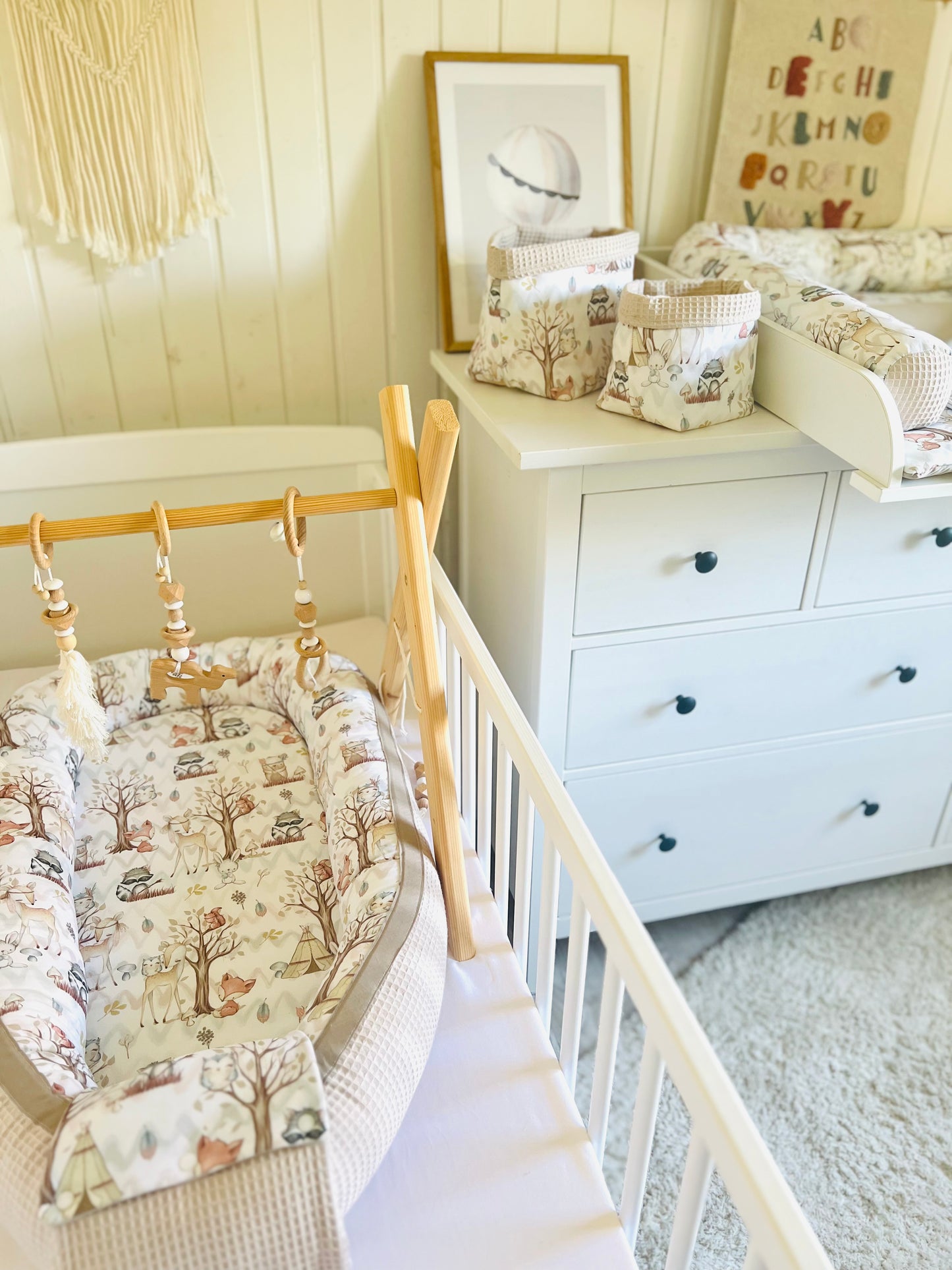 Wickelauflage Set "Waldtiere+Waffelpique hellbeige“