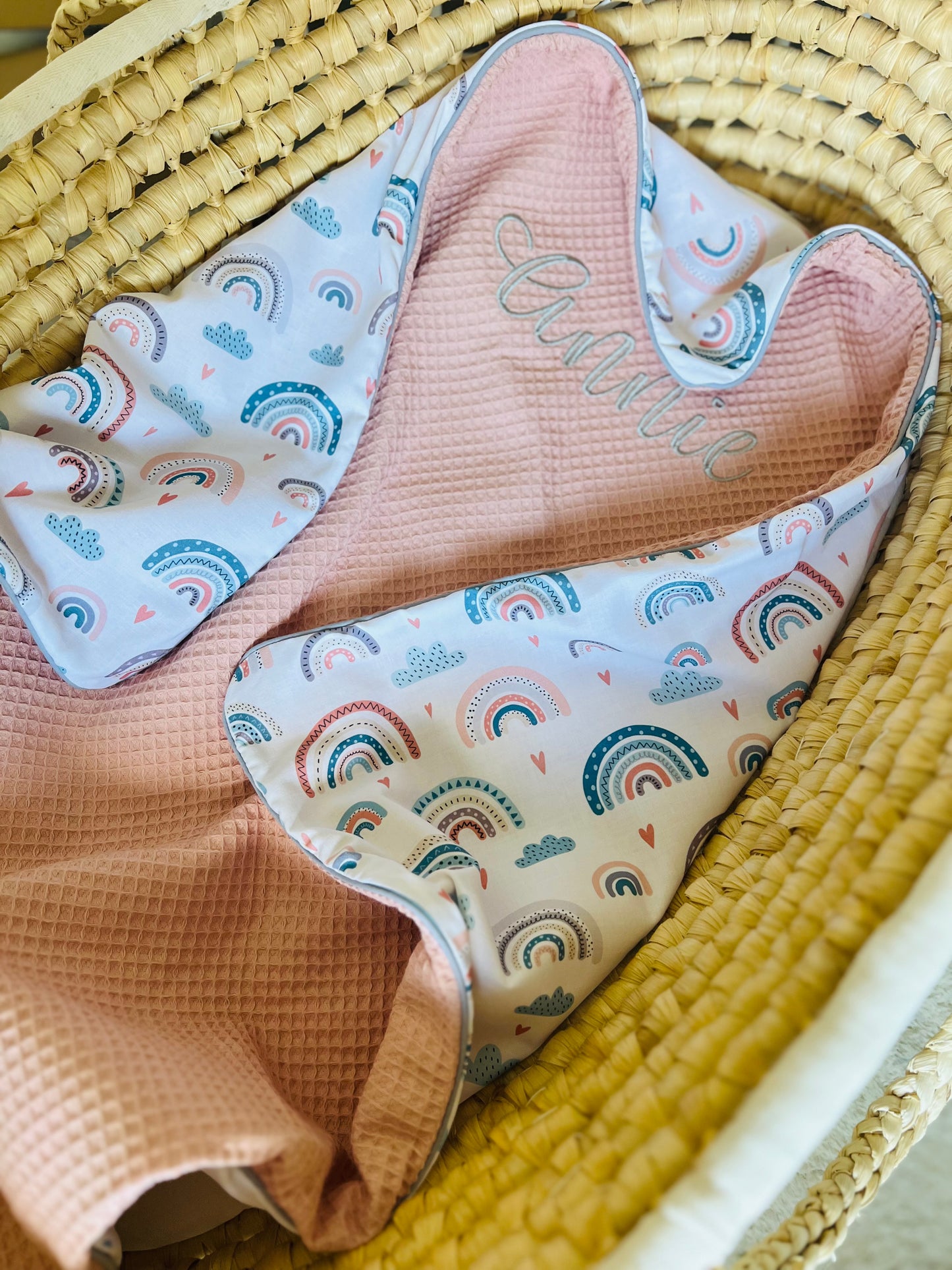 Wickelauflage Set "Regenbogen rosa+Waffelpique rosa/nude“