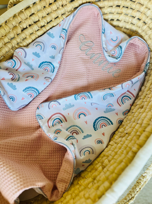 Babydecke "Regenbogen +Waffelpique rosa/nude" (einen Namen sticken ist gratis!)
