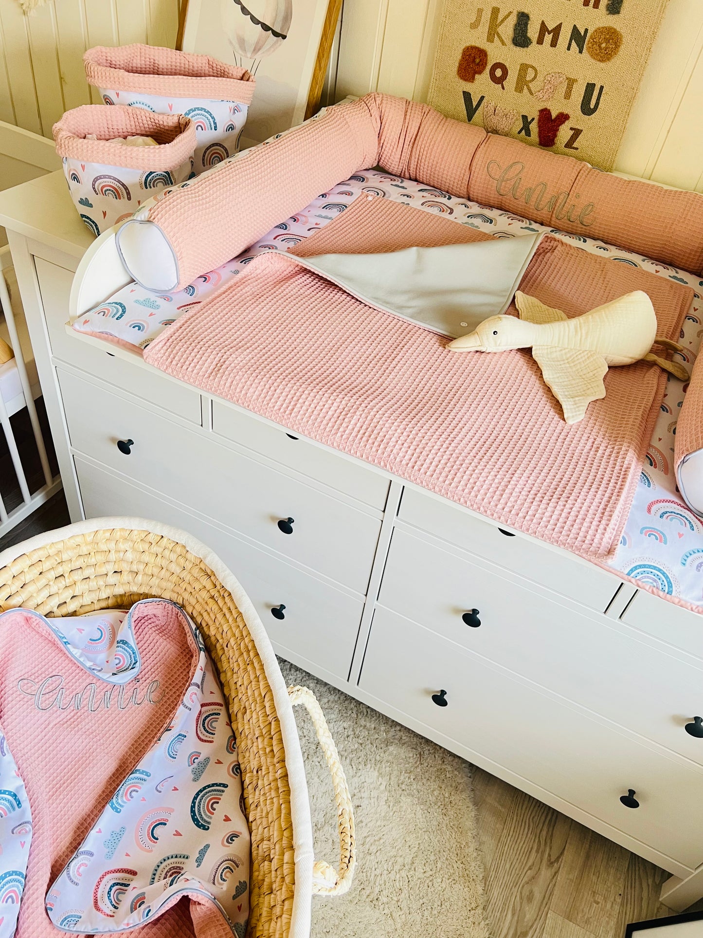 Wickelauflage Set "Regenbogen rosa+Waffelpique rosa/nude“