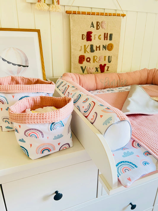 Wickelauflage Set "Regenbogen rosa+Waffelpique rosa/nude“