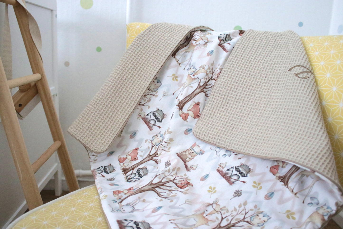 Wickelauflage Set "Waldtiere+Waffelpique hellbeige“