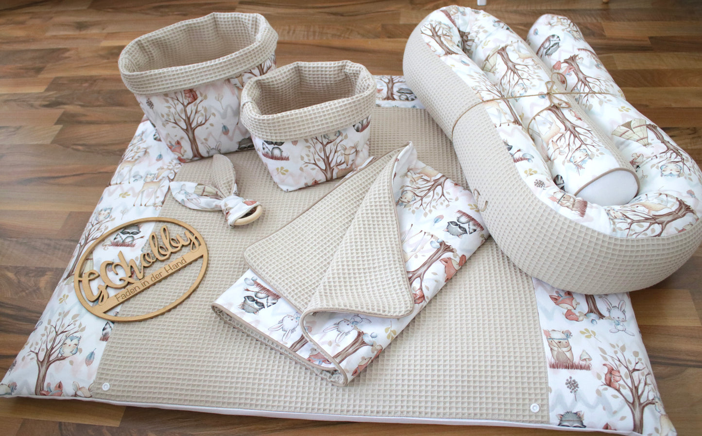 Wickelauflage Set "Waldtiere+Waffelpique hellbeige“
