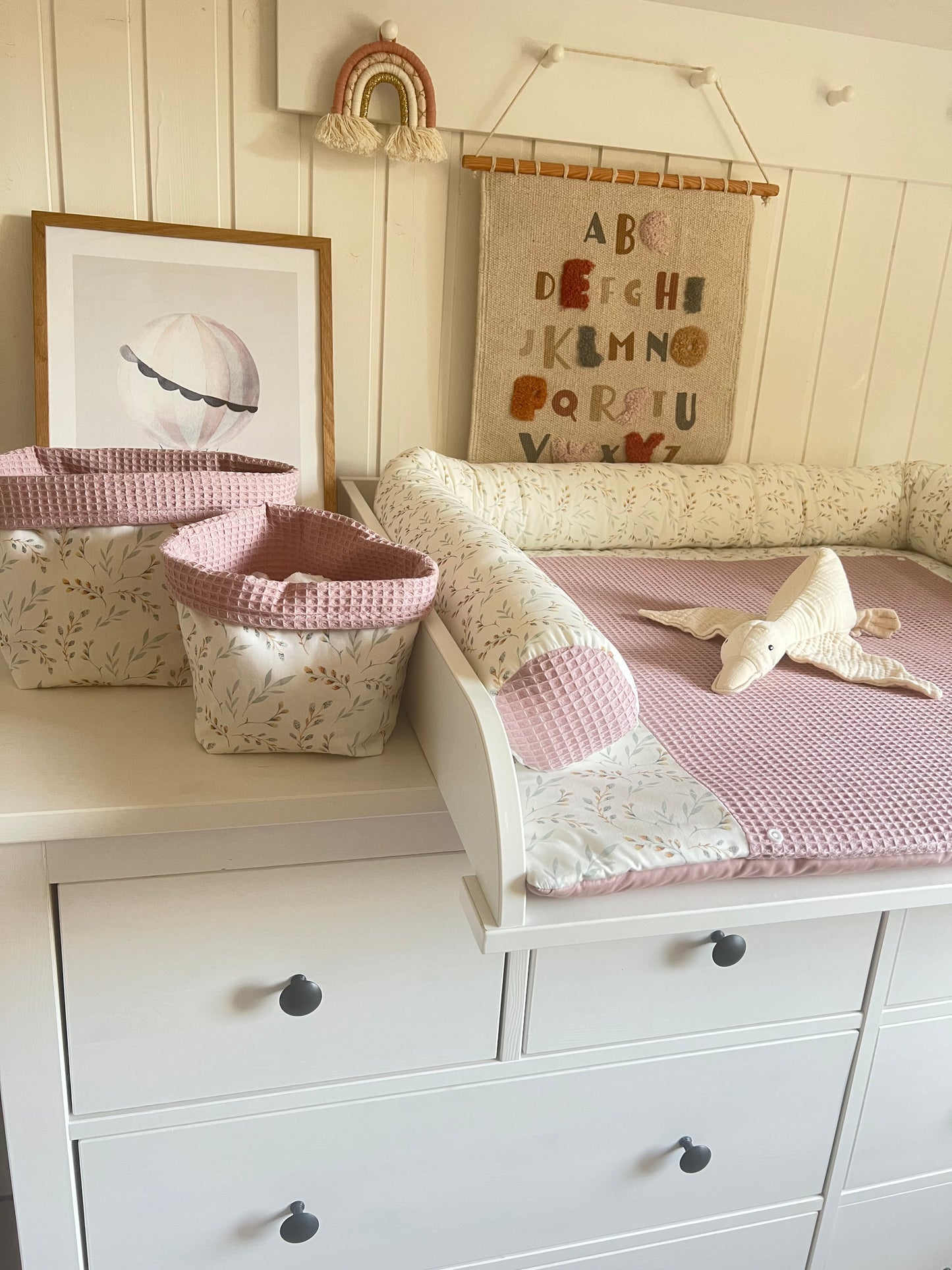 Wickelauflage Set "Pflanzen, Weidenkätzchen+Waffelpique altrosa“