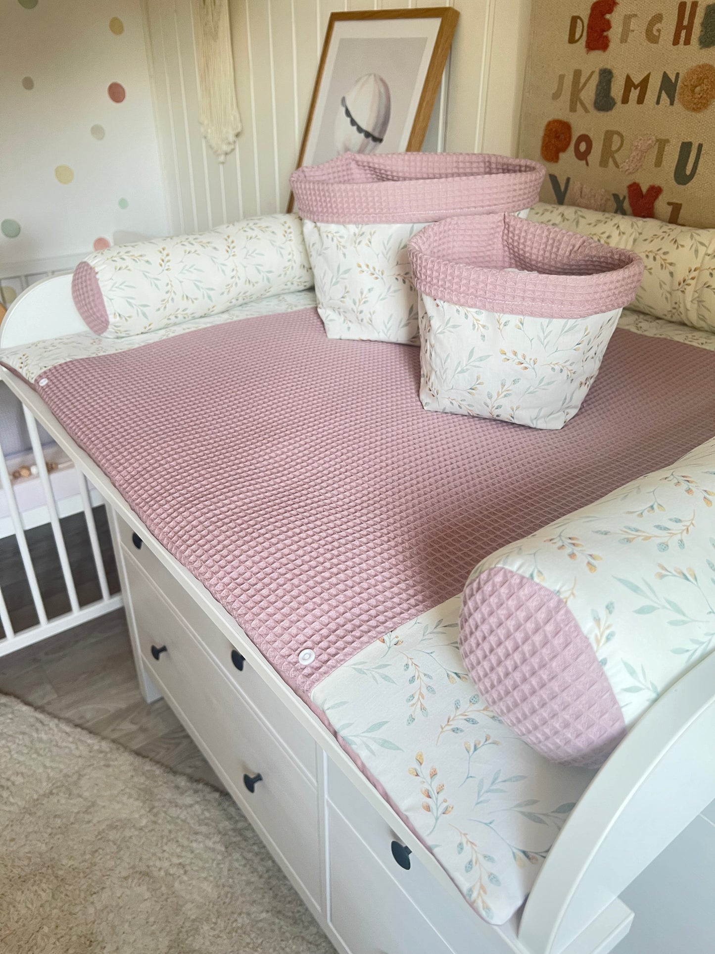 Wickelauflage Set "Pflanzen, Weidenkätzchen+Waffelpique altrosa“