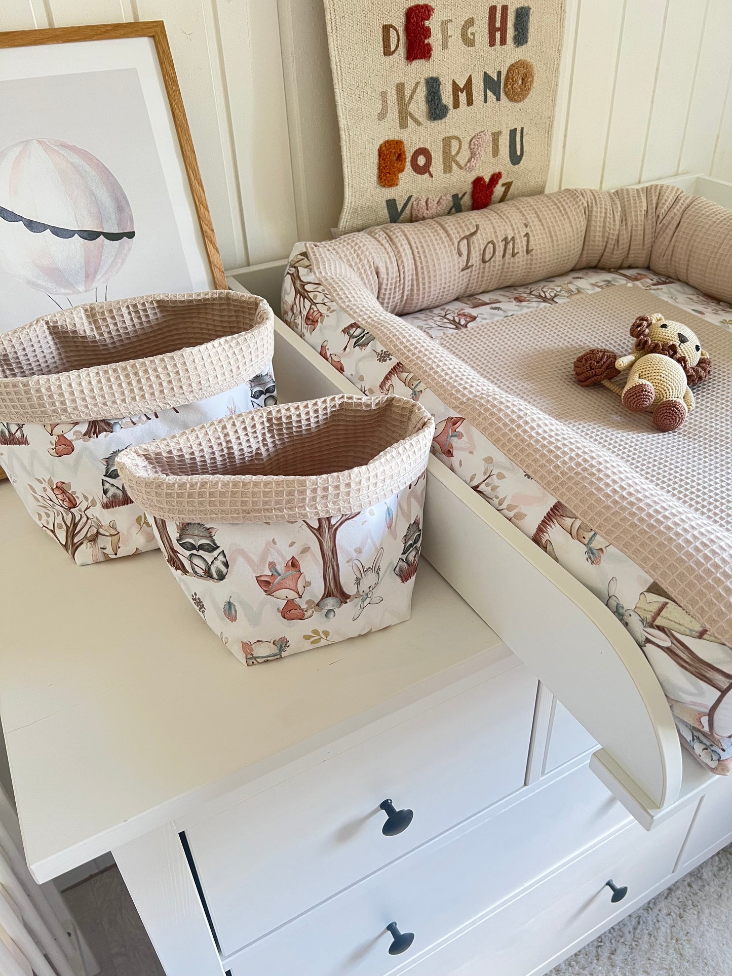 Wickelauflage Set "Waldtiere+Waffelpique hellbeige“