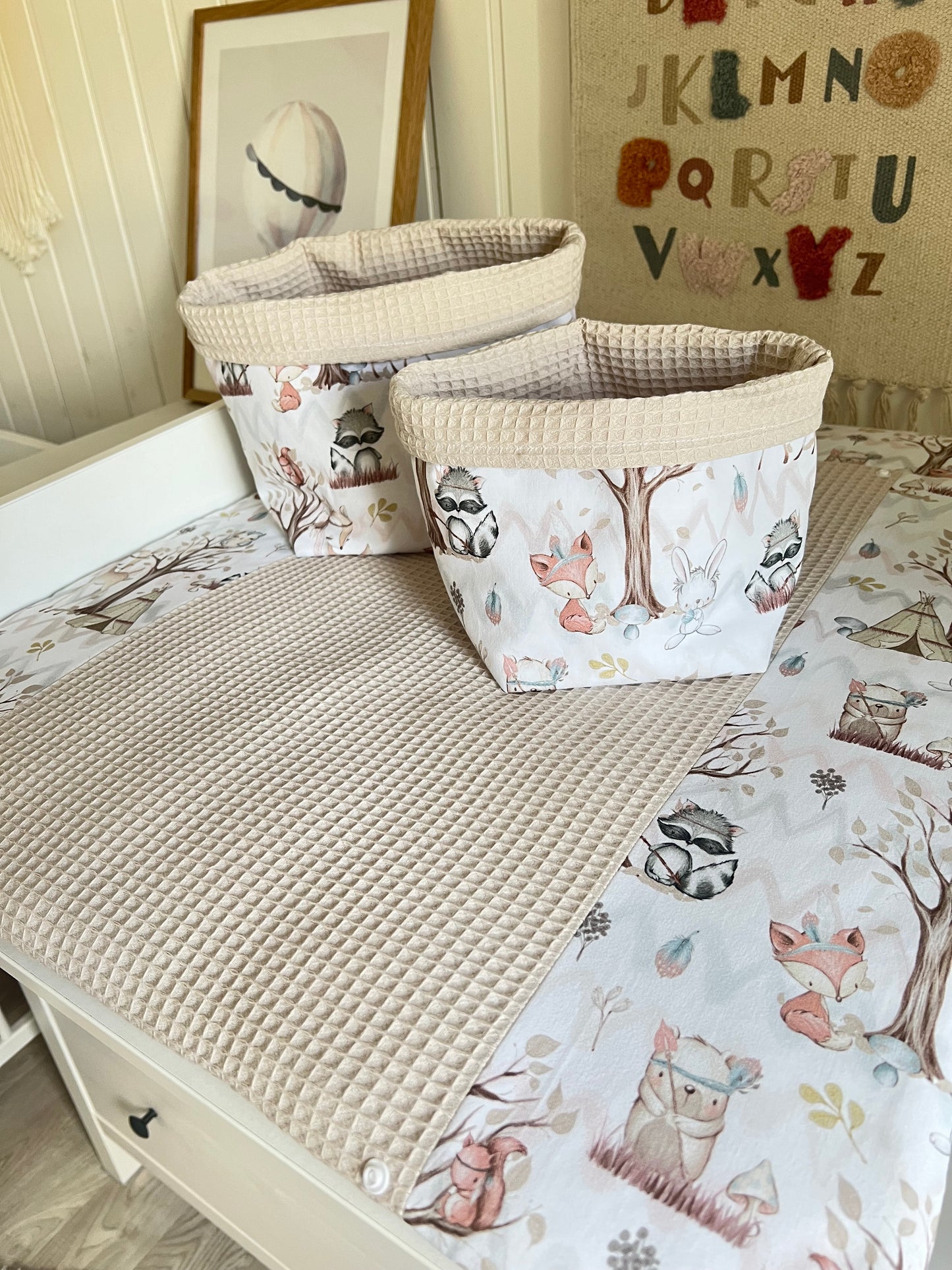Wickelauflage Set "Waldtiere+Waffelpique hellbeige“