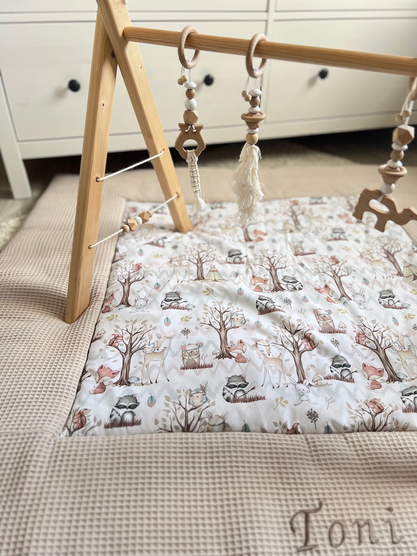 Wickelauflage Set "Waldtiere+Waffelpique hellbeige“