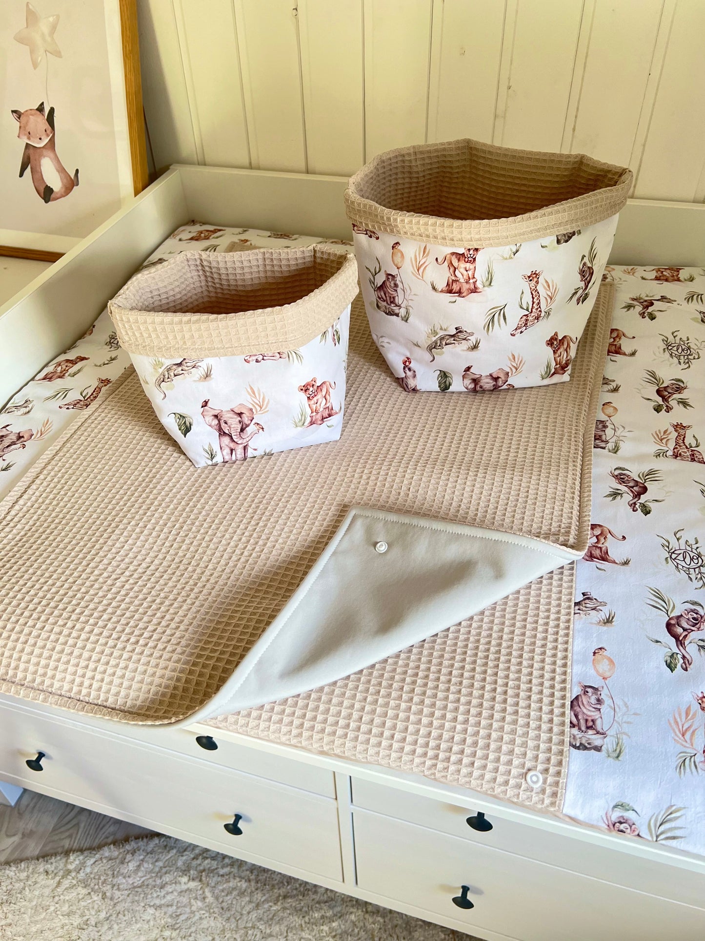 Wickelauflage Set "Zoo+Waffelpique hellbeige“